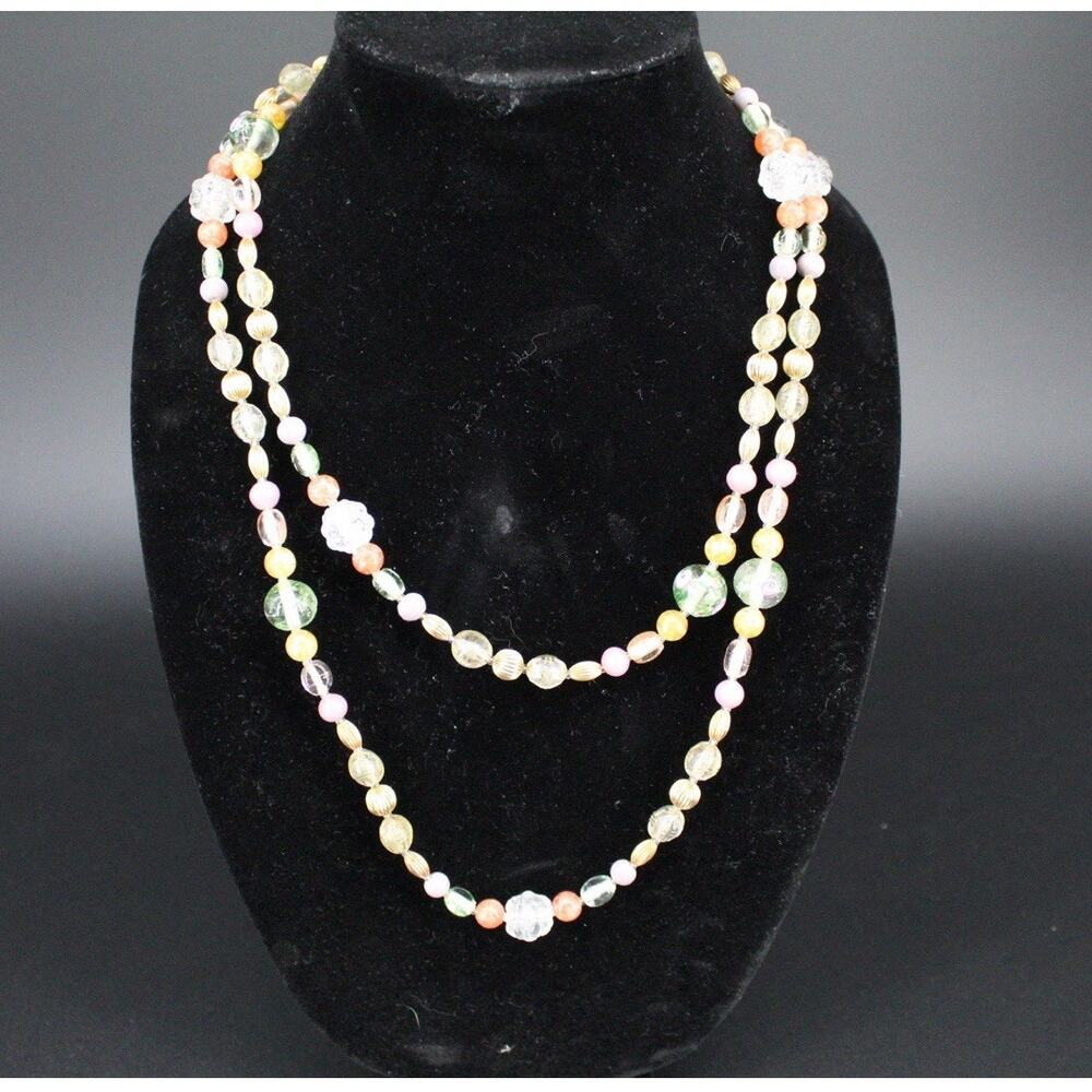 VTG Oscar De La Renta Signed 49” Long Double Strand Beaded Necklace Pastel